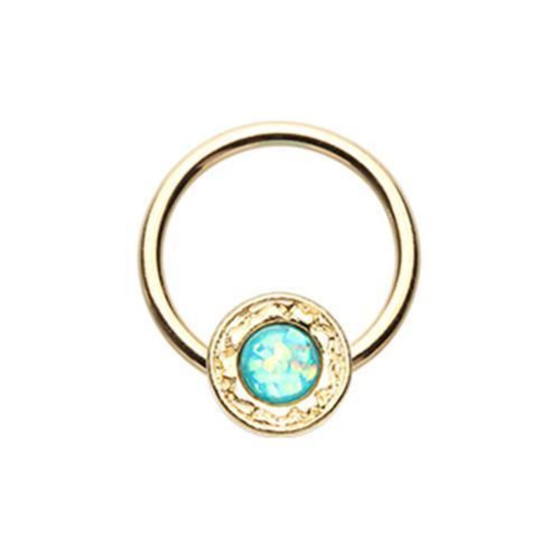 Teal Golden Ornate Round Opal Captive Bead Ring 16G (1.2mm) Inner Diameter: 3/8″ (10mm)