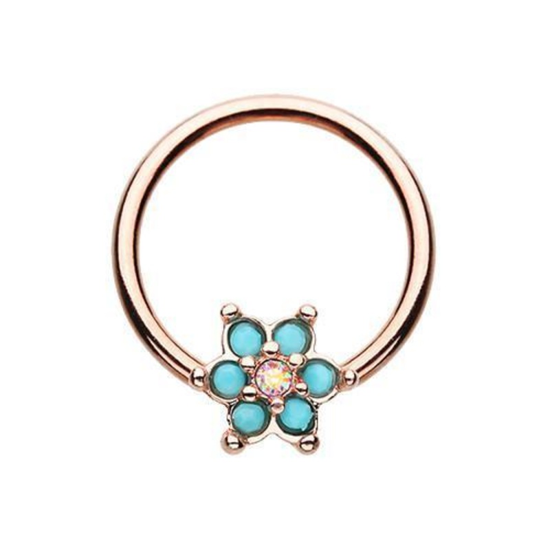 Turquoise/Aurora Borealis Rose Gold Turquoise Spring Flower Sparkle Captive Bead Ring 14G (1.6mm) Inner Diameter: 3/8″ (10mm)