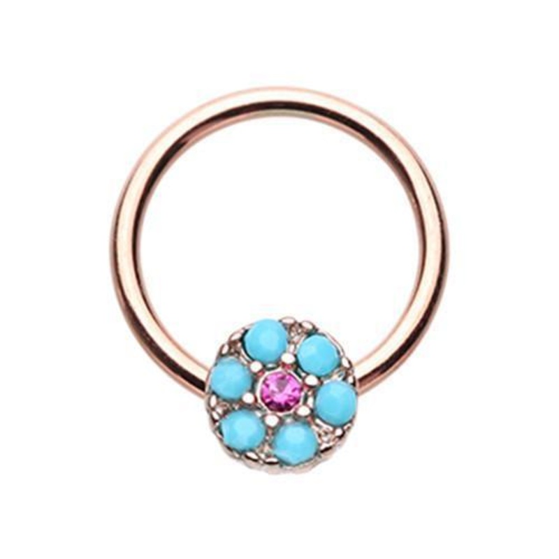 Turquoise/Fuchsia Rose Gold Navajo Turquoise Captive Bead Ring 16G (1.2mm) Inner Diameter: 3/8″ (10mm)