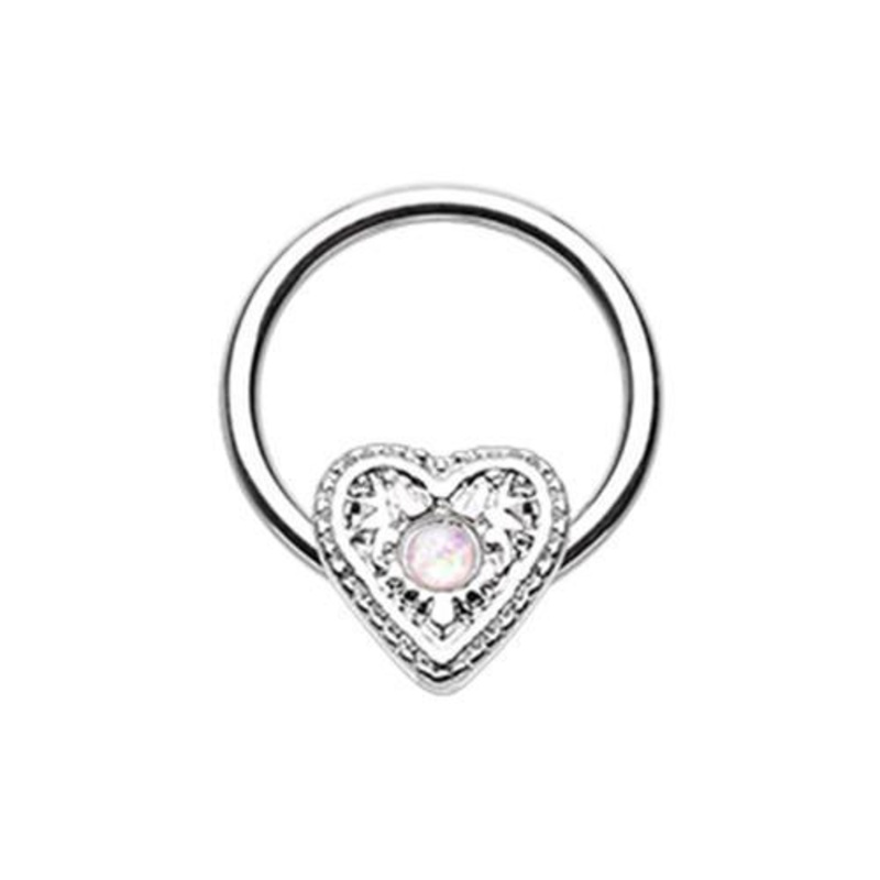 White Ornate Opal Heart Captive Bead Ring 16G (1.2mm) Inner Diameter: 3/8″ (10mm)