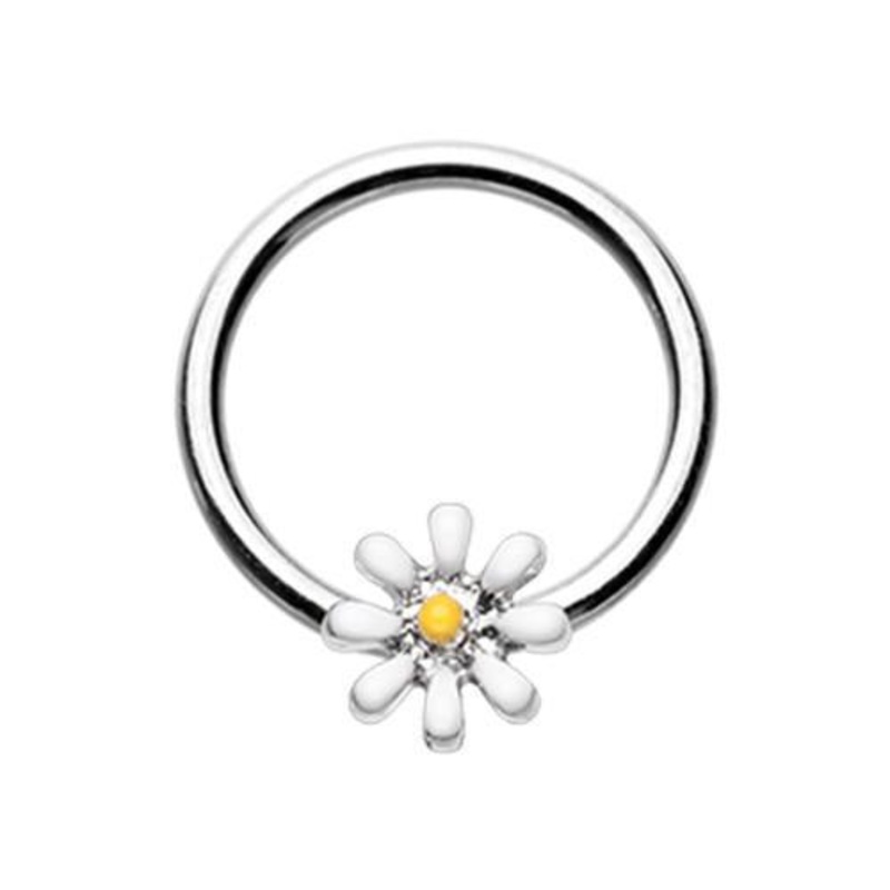 White/Yellow Daisy Flower Steel Captive Bead Ring 16G (1.2mm) Inner Diameter: 3/8″ (10mm)