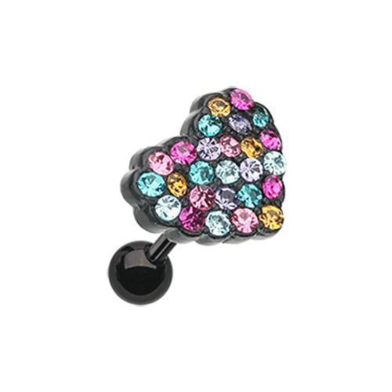 Aqua/Fuchsia/Topaz Sprinkles Heart Multi-Gem Tragus Cartilage Barbell Earring – 1 Piece 18G (1mm) Length: 1/4″ (6mm)