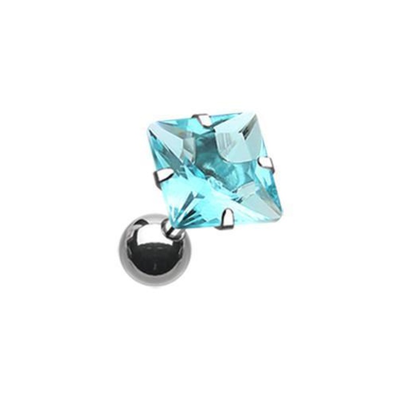 Aqua Square Gem Crystal Tragus Cartilage Barbell Earring – 1 Piece 18G (1mm) Length: 1/4″ (6mm) | Ball-Size: 1/4″ (6mm)