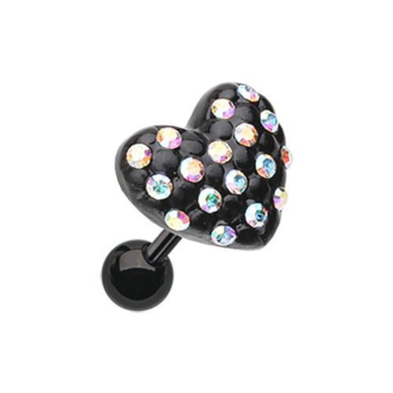 Aurora Borealis Black Heart Multi-Gem Tragus Cartilage Barbell Earring – 1 Piece 18G (1mm) Length: 1/4″ (6mm)