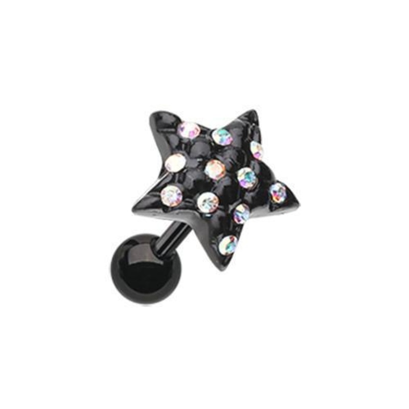 Aurora Borealis Black Star Multi-Gem Tragus Cartilage Barbell Earring – 1 Piece 18G (1mm) Length: 1/4″ (6mm)