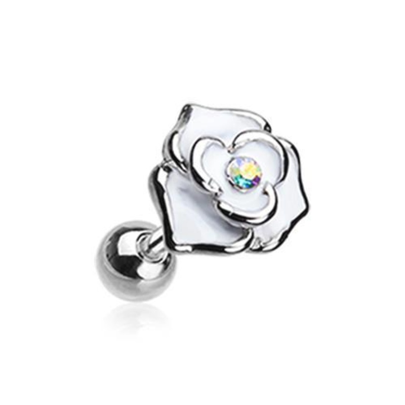 Aurora Borealis Classic White Rose Sparkle Tragus Cartilage Barbell Earring – 1 Piece 18G (1mm) Length: 1/4″ (6mm)