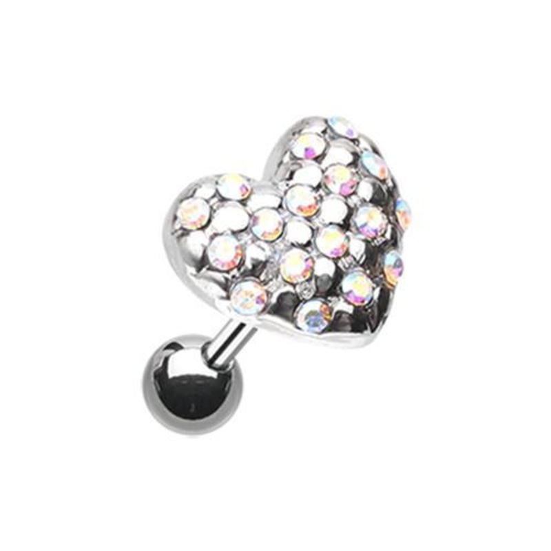 Aurora Borealis Fluffy Heart Multi-Gem Tragus Cartilage Barbell Earring – 1 Piece 18G (1mm) Length: 1/4″ (6mm)