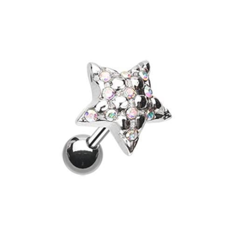Aurora Borealis Fluffy Star Multi-Gem Tragus Cartilage Barbell Earring – 1 Piece 18G (1mm) Length: 1/4″ (6mm)