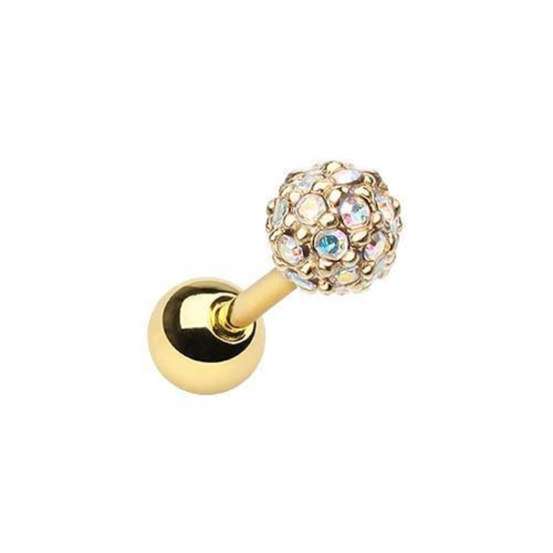 Aurora Borealis Golden Full Dome Pave Tragus Cartilage Barbell Earring – 1 Piece 18G (1mm) Length: 1/4″ (6mm) | Ball-Size: 5/32″ (4mm)