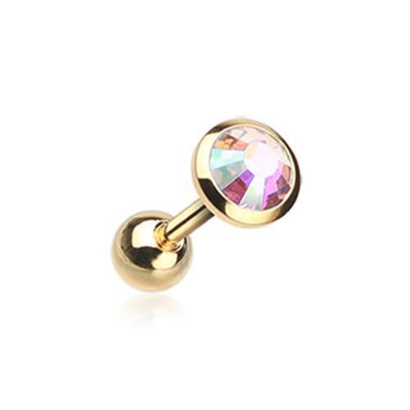 Aurora Borealis Golden Gem Sparkle Tragus Cartilage Barbell Earring – 1 Piece 18G (1mm) Length: 1/4″ (6mm) | Ball-Size: 1/8″ (3mm)