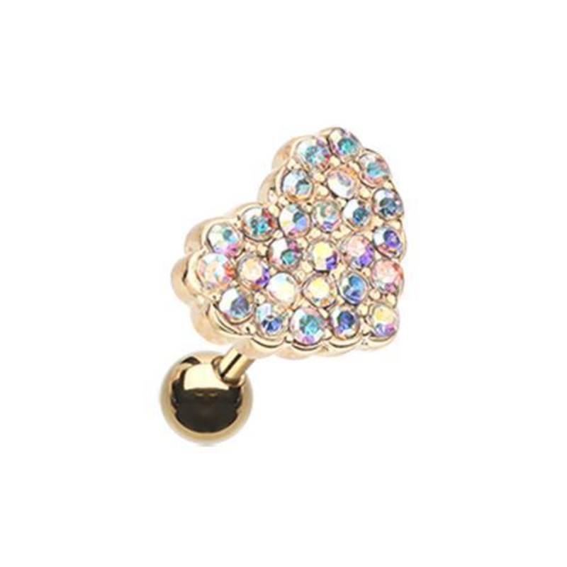 Aurora Borealis Golden Multi-Sprinkle Dot Heart Multi-Gem Tragus Cartilage Barbell Earring – 1 Piece 18G (1mm) Length: 1/4″ (6mm)