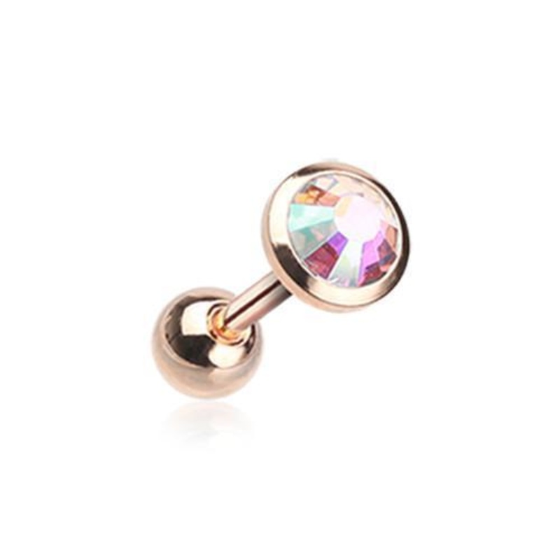 Aurora Borealis Rose Gold Gem Sparkle Tragus Cartilage Barbell Earring – 1 Piece 18G (1mm) Length: 1/4″ (6mm) | Ball-Size: 1/8″ (3mm)