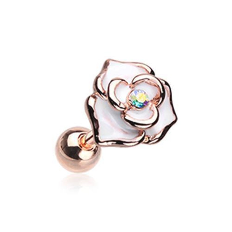 Aurora Borealis Rose Gold White Rose Sparkle Tragus Cartilage Barbell Earring – 1 Piece 18G (1mm) Length: 1/4″ (6mm)