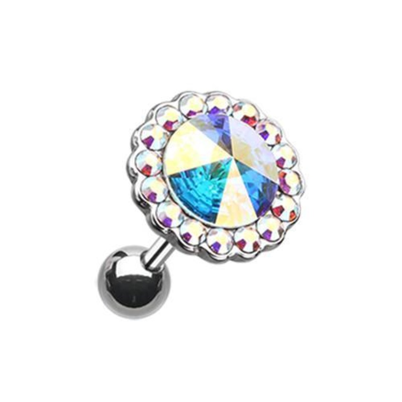 Aurora Borealis Studded Gem Unity Crystal Tragus Cartilage Barbell Earring – 1 Piece 18G (1mm) Length: 1/4″ (6mm) | Ball-Size: 3/8″ (10mm)