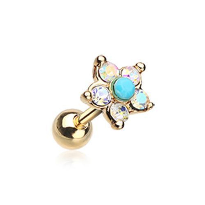 Aurora Borealis/Turquoise Golden Starburst Turquoise Sparkle Flower Tragus Cartilage Barbell Earring – 1 Piece 18G (1mm) Length: 1/4″ (6mm)