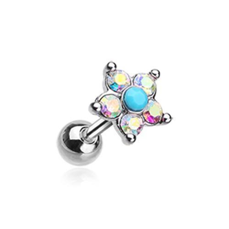 Aurora Borealis/Turquoise Starburst Turquoise Sparkle Flower Tragus Cartilage Barbell Earring – 1 Piece 18G (1mm) Length: 1/4″ (6mm)