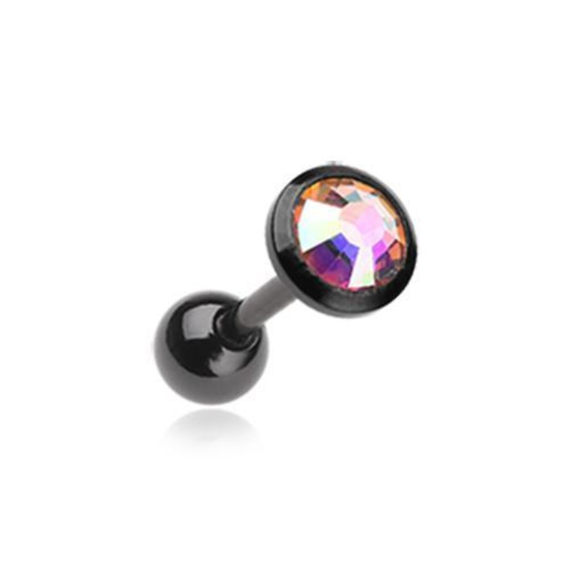 Black/Aurora Borealis Gem Sparkle Tragus Cartilage Barbell Earring – 1 Piece 18G (1mm) Length: 1/4″ (6mm) | Ball-Size: 1/8″ (3mm)