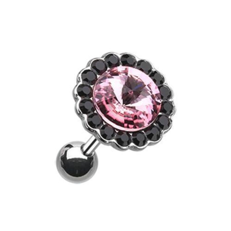 Black/Pink Studded Gem Crystal Tragus Cartilage Barbell Earring – 1 Piece 18G (1mm) Length: 1/4″ (6mm) | Ball-Size: 3/8″ (10mm)