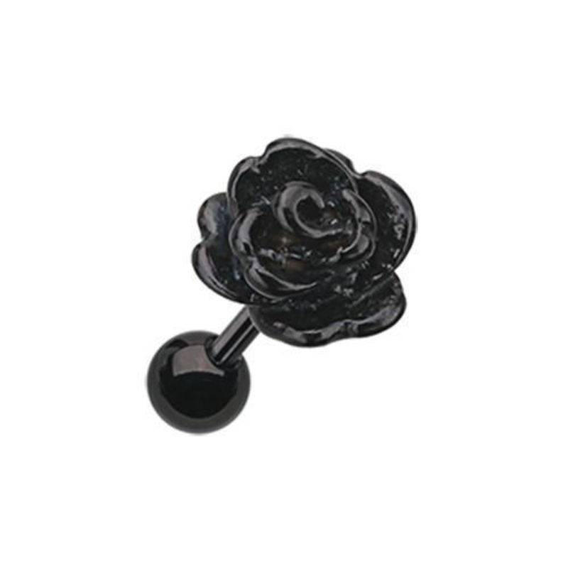 Black Rose Tragus Cartilage Barbell Earring – 1 Piece 18G (1mm) Length: 1/4″ (6mm)