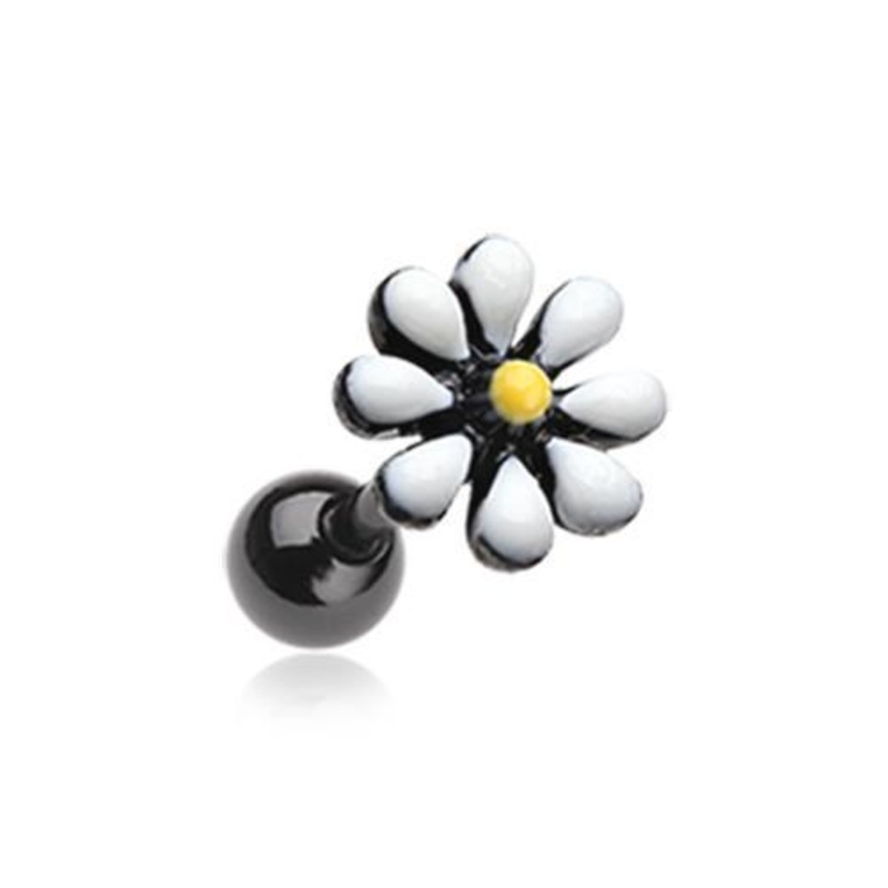 Black/White/Yellow Black Spring Blossom Flower Tragus Cartilage Barbell Earring – 1 Piece 18G (1mm) Length: 1/4″ (6mm)