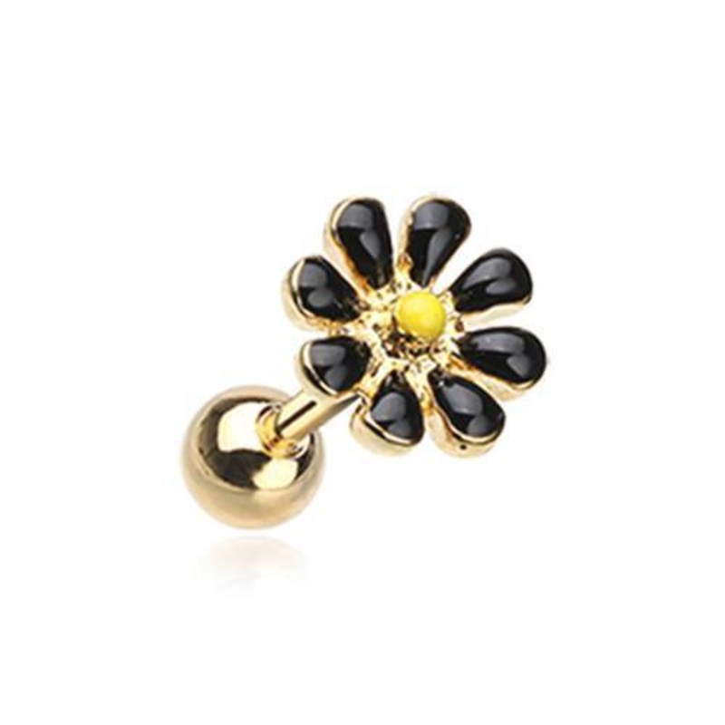 Black/Yellow Golden Spring Blossom Flower Tragus Cartilage Barbell Earring – 1 Piece 18G (1mm) Length: 1/4″ (6mm)