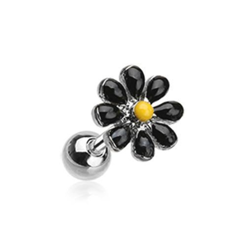 Black/Yellow Spring Blossom Flower Tragus Cartilage Barbell Earring – 1 Piece 18G (1mm) Length: 1/4″ (6mm)
