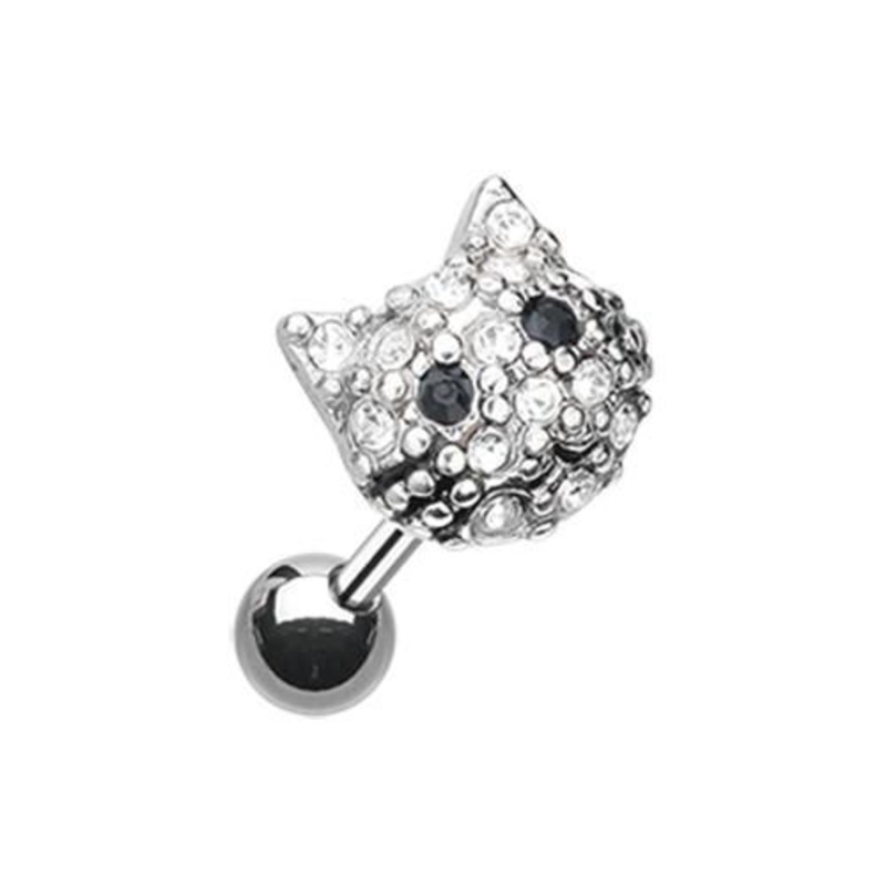Clear/Black Adorable Kitty Multi-Gem Tragus Cartilage Barbell Earring – 1 Piece 18G (1mm) Length: 1/4″ (6mm)
