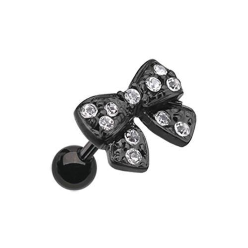 Clear Black Dainty Bow-Tie Tragus Cartilage Barbell Earring – 1 Piece 18G (1mm) Length: 1/4″ (6mm)