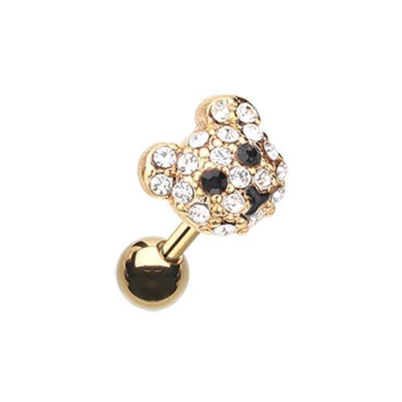 Clear/Black Golden Bear Cub Multi-Gem Tragus Cartilage Barbell Earring – 1 Piece 18G (1mm) Length: 1/4″ (6mm)