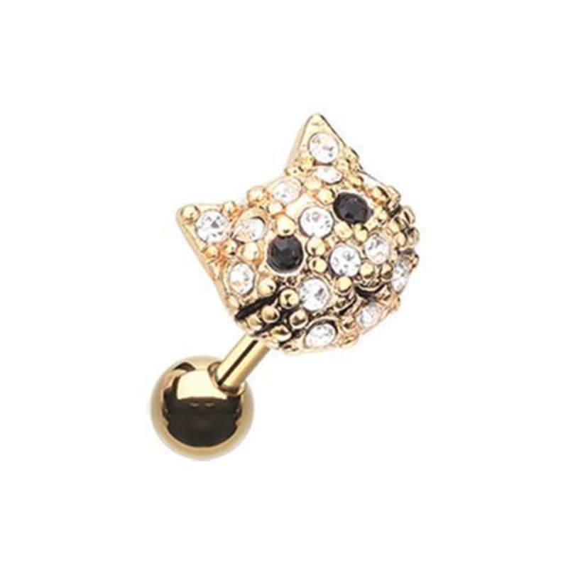 Clear/Black Golden Kitty Multi-Gem Tragus Cartilage Barbell Earring – 1 Piece 18G (1mm) Length: 1/4″ (6mm)