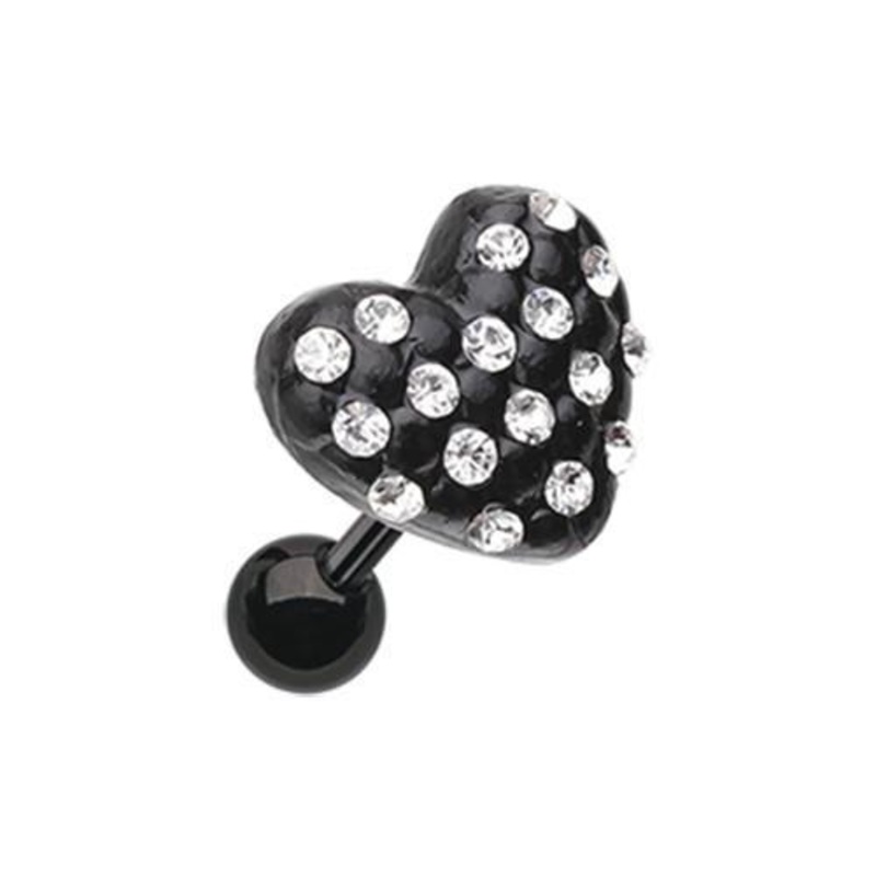 Clear Black Heart Multi-Gem Tragus Cartilage Barbell Earring – 1 Piece 18G (1mm) Length: 1/4″ (6mm)