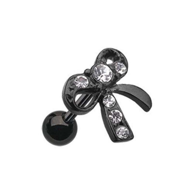 Clear Black Lacy Bow-Tie Tragus Cartilage Barbell Earring – 1 Piece 18G (1mm) Length: 1/4″ (6mm)