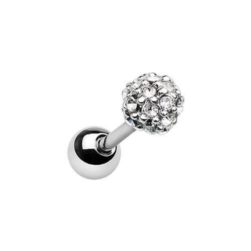 Clear Full Dome Pave Tragus Cartilage Barbell Earring – 1 Piece 18G (1mm) Length: 1/4″ (6mm) | Ball-Size: 5/32″ (4mm)