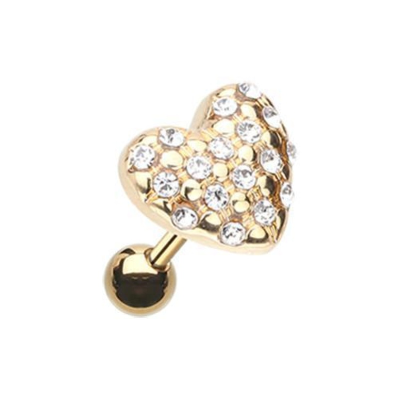 Clear Golden Fluffy Heart Multi-Gem Tragus Cartilage Barbell Earring – 1 Piece 18G (1mm) Length: 1/4″ (6mm)