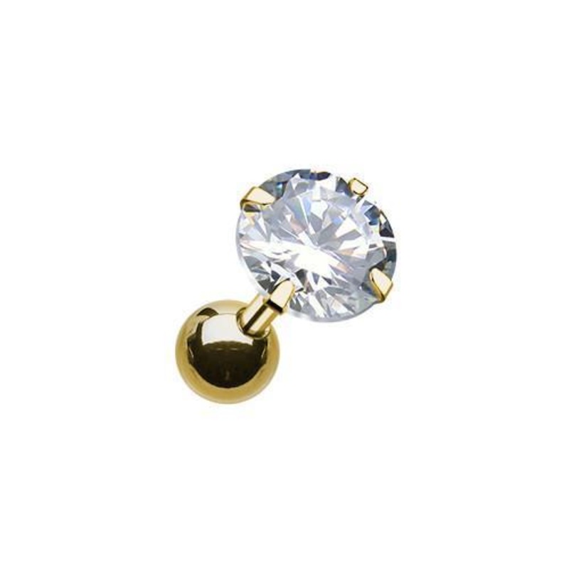 Clear Golden Round Gem Crystal Tragus Cartilage Barbell Earring – 1 Piece 18G (1mm) Length: 1/4″ (6mm) | Ball-Size: 1/4″ (6mm)