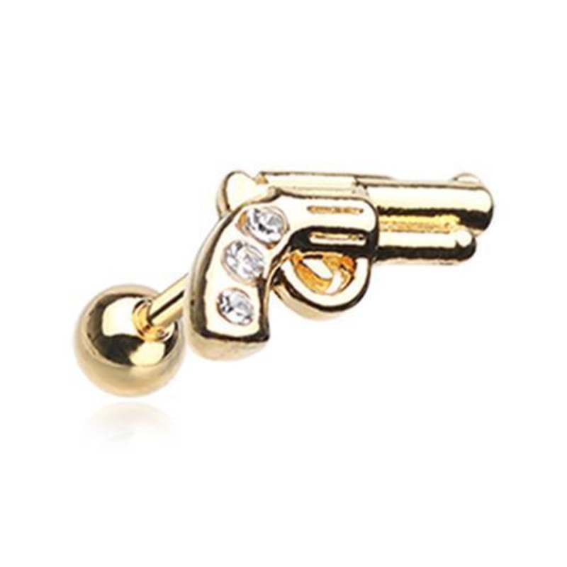 Clear Golden Sparkle Pistol Tragus Cartilage Barbell Earring – 1 Piece 18G (1mm) Length: 1/4″ (6mm)