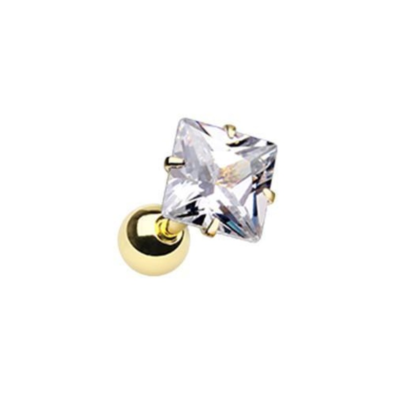 Clear Golden Square Gem Crystal Tragus Cartilage Barbell Earring – 1 Piece 18G (1mm) Length: 1/4″ (6mm) | Ball-Size: 1/4″ (6mm)