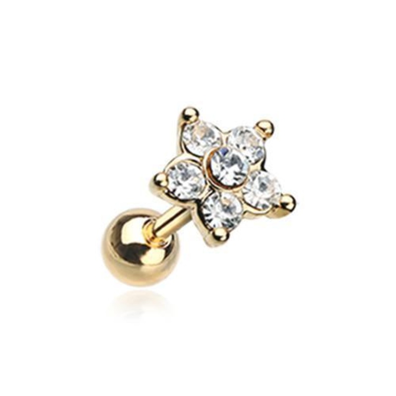 Clear Golden Starburst Sparkle Flower Tragus Cartilage Barbell Earring – 1 Piece 18G (1mm) Length: 1/4″ (6mm)