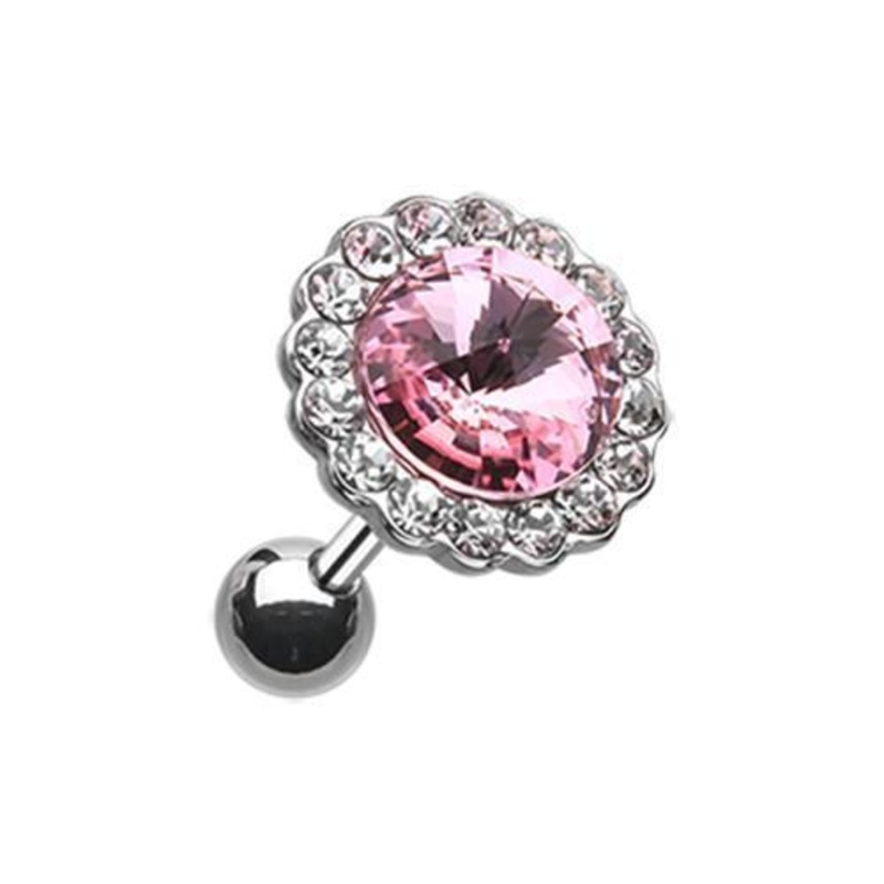 Clear/Pink Studded Gem Crystal Tragus Cartilage Barbell Earring – 1 Piece 18G (1mm) Length: 1/4″ (6mm) | Ball-Size: 3/8″ (10mm)