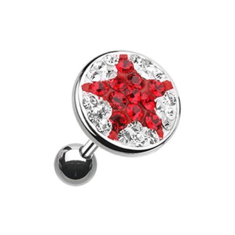 Clear/Red Shining Star Multi-Gem Tragus Cartilage Barbell Earring – 1 Piece 18G (1mm) Length: 1/4″ (6mm) | Ball-Size: 3/8″ (10mm)
