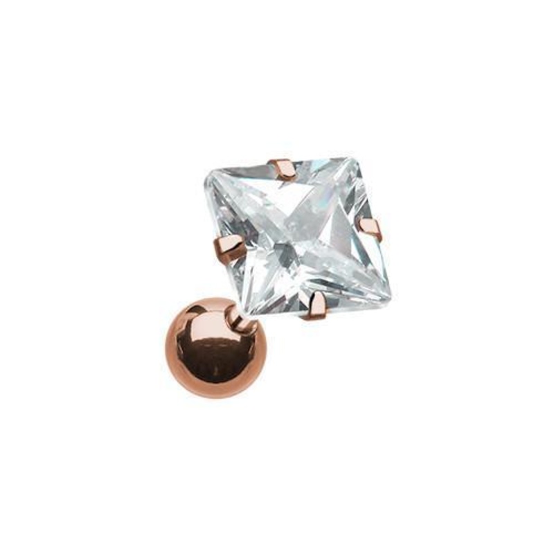 Clear Rose Gold Square Gem Crystal Tragus Cartilage Barbell Earring – 1 Piece 18G (1mm) Length: 1/4″ (6mm) | Ball-Size: 1/4″ (6mm)