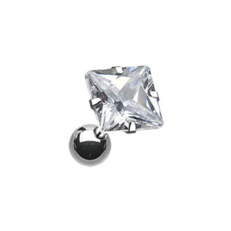 Clear Square Gem Crystal Tragus Cartilage Barbell Earring – 1 Piece 18G (1mm) Length: 1/4″ (6mm) | Ball-Size: 1/4″ (6mm)