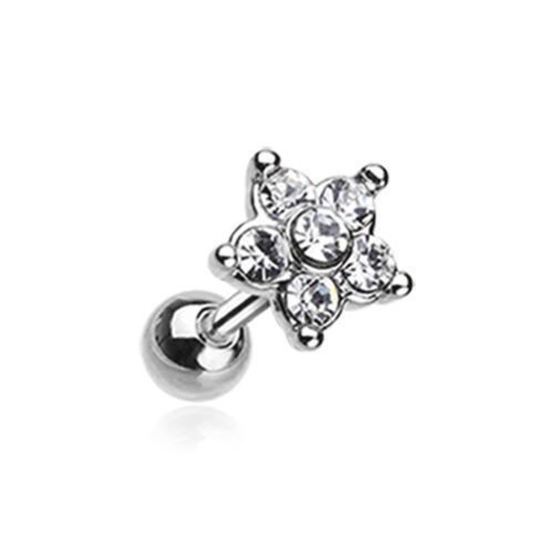 Clear Starburst Sparkle Flower Tragus Cartilage Barbell Earring – 1 Piece 18G (1mm) Length: 1/4″ (6mm)