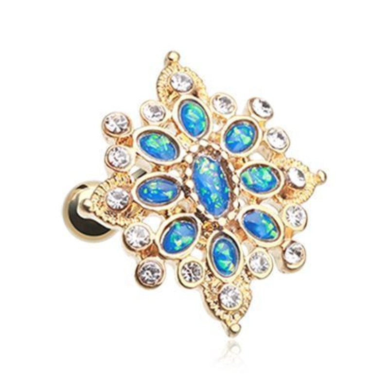 Clear/Teal Golden Opal Roesia Ornate Tragus Cartilage Barbell Earring – 1 Piece 18G (1mm) Length: 1/4″ (6mm)