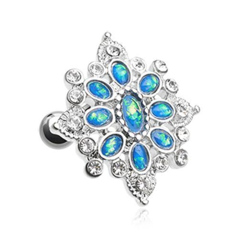 Clear/Teal Opal Roesia Ornate Tragus Cartilage Barbell Earring – 1 Piece 18G (1mm) Length: 1/4″ (6mm)