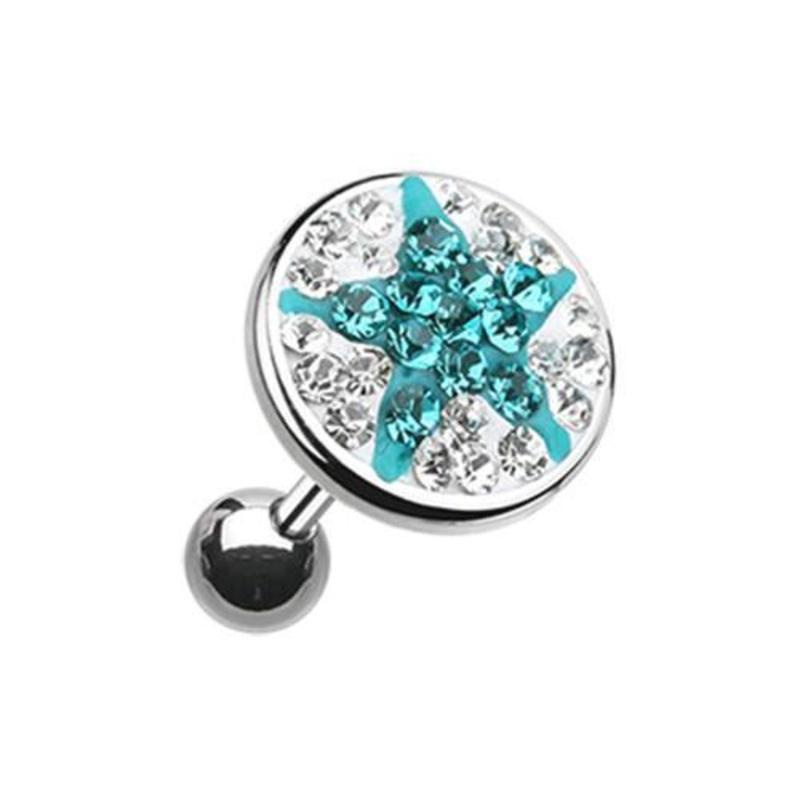 Clear/Teal Shining Star Multi-Gem Tragus Cartilage Barbell Earring – 1 Piece 18G (1mm) Length: 1/4″ (6mm) | Ball-Size: 3/8″ (10mm)