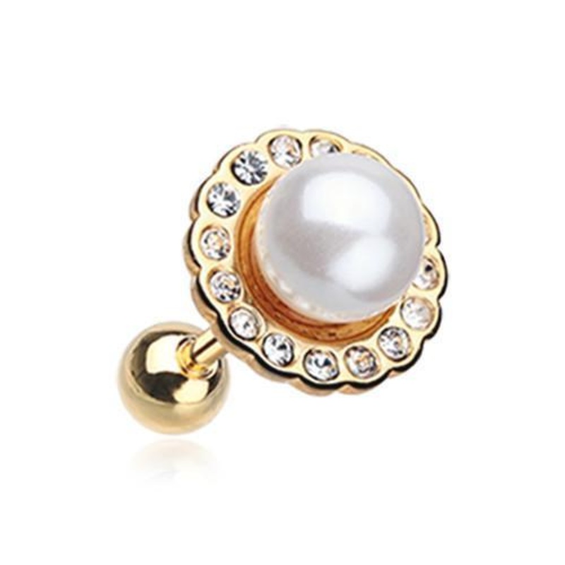 Clear/White Golden Pearl Blossom Sparkle Tragus Cartilage Barbell Earring – 1 Piece 18G (1mm) Length: 1/4″ (6mm)