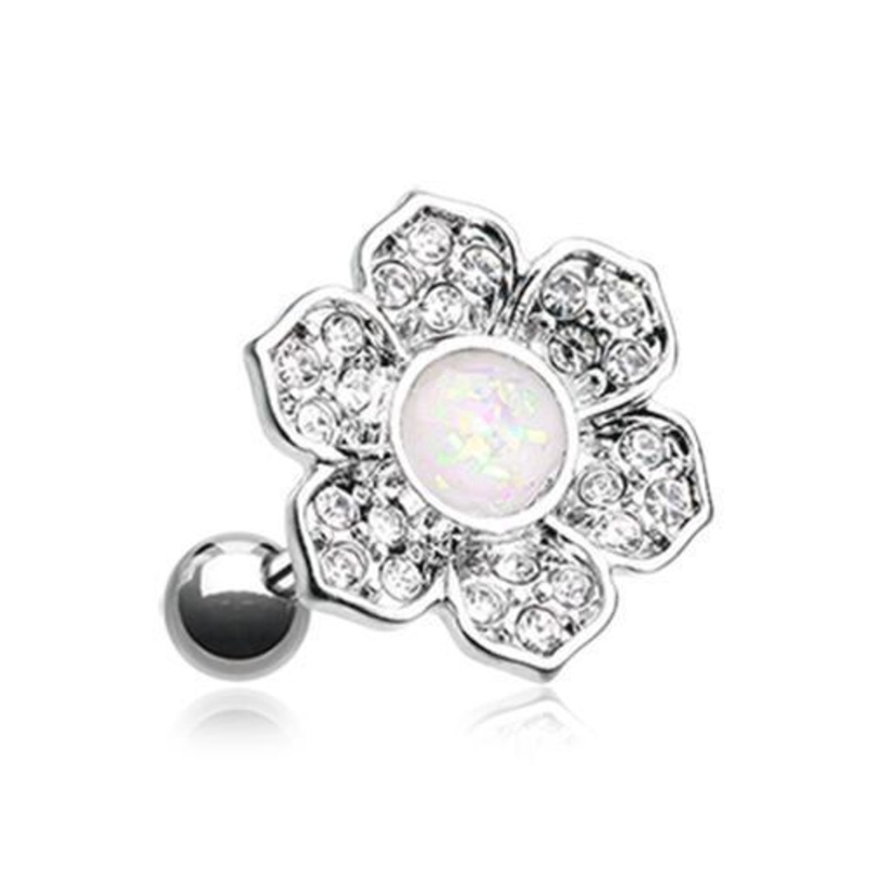 Clear/White Opal Avens Flower Tragus Cartilage Barbell Earring – 1 Piece 18G (1mm) Length: 1/4″ (6mm)