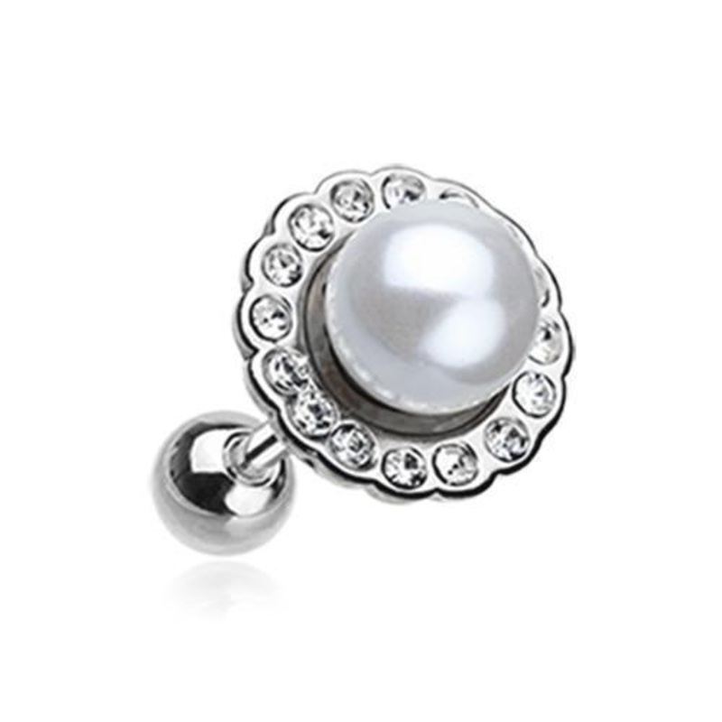 Clear/White Pearl Blossom Sparkle Tragus Cartilage Barbell Earring – 1 Piece 18G (1mm) Length: 1/4″ (6mm)