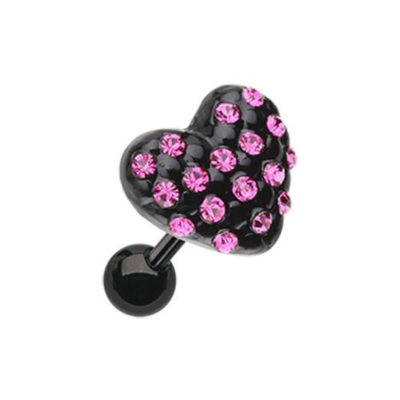 Fuchsia Black Heart Multi-Gem Tragus Cartilage Barbell Earring – 1 Piece 18G (1mm) Length: 1/4″ (6mm)